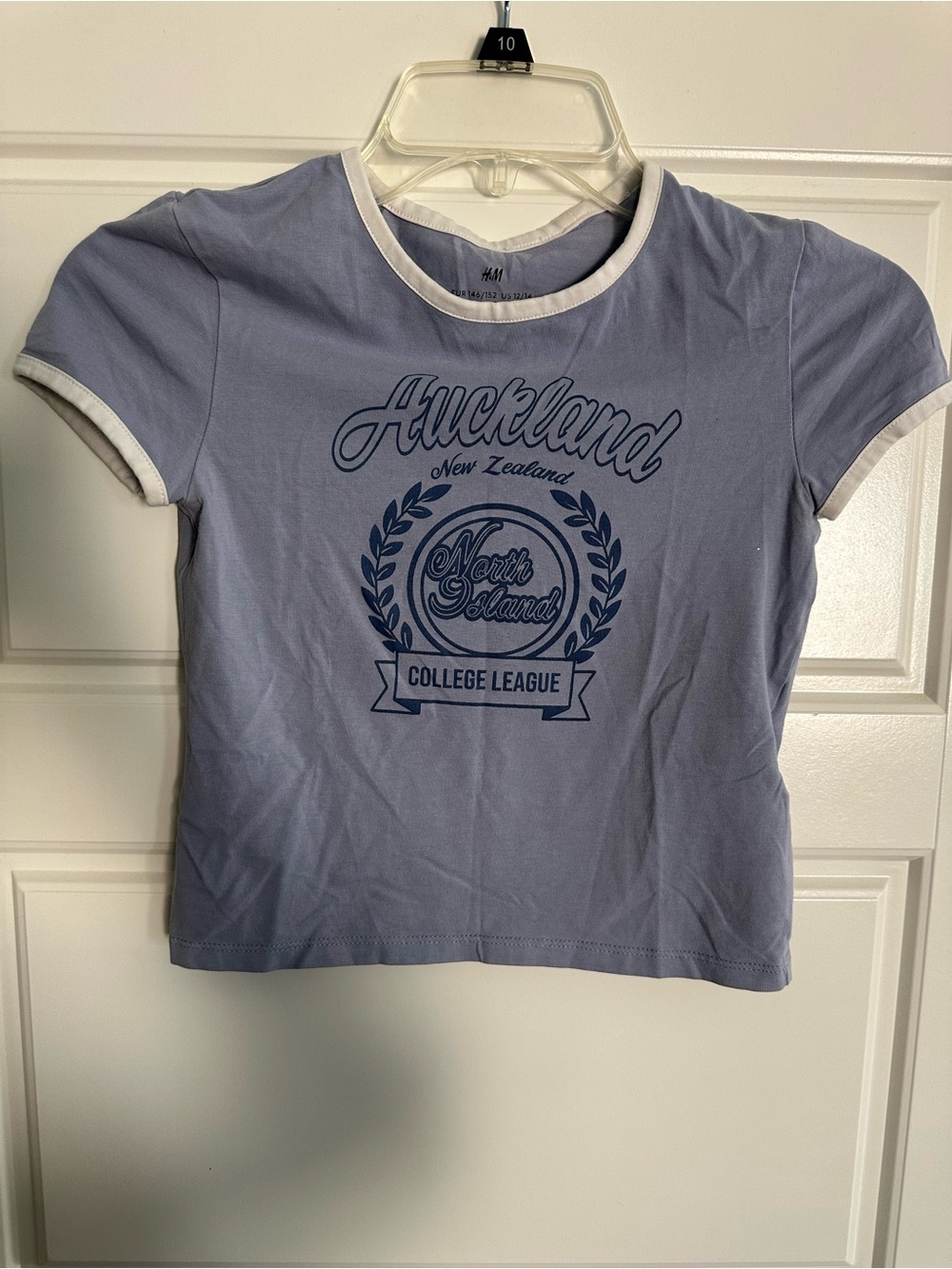 H&M Light Blue & White Ringer Tee with Navy Auckland Graphic
